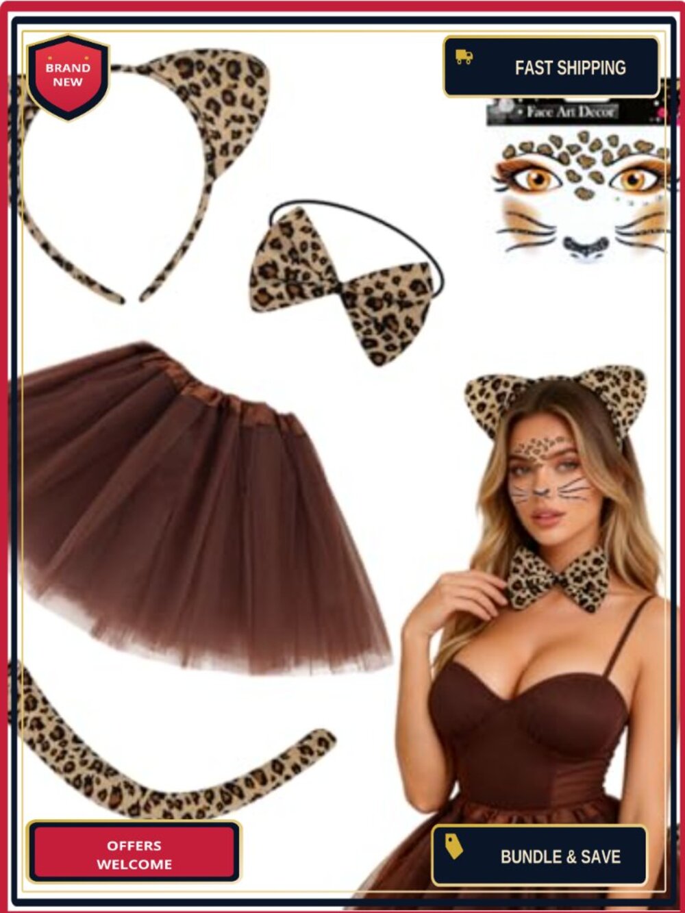 Cheetah Costume Accessories Set 5Pc Cat Ears Headband Tail Bow Tutu
